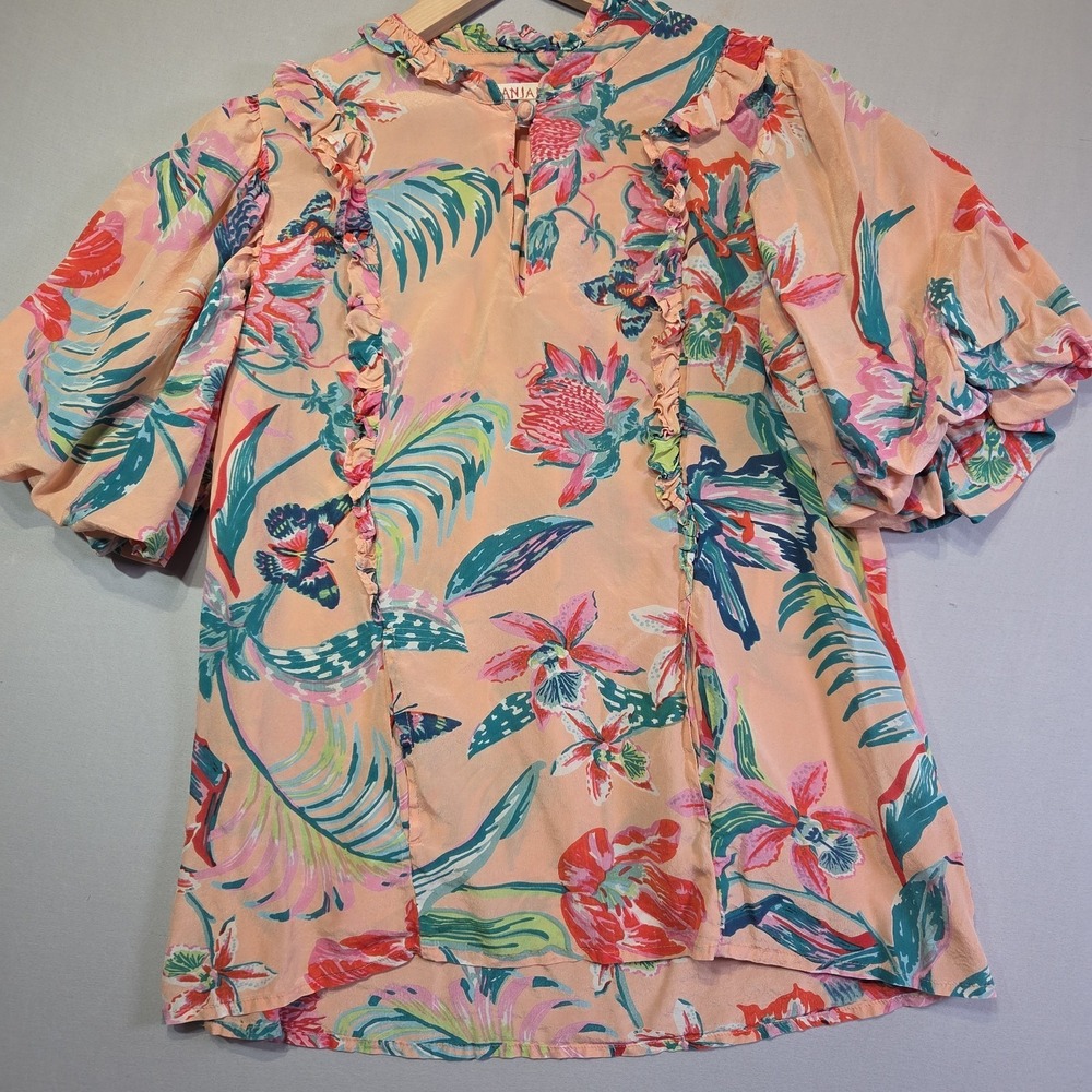 Banjanan 100% Silk Tropical Floral Blouse Womens Size S Peach Puff Sleeve Pocket